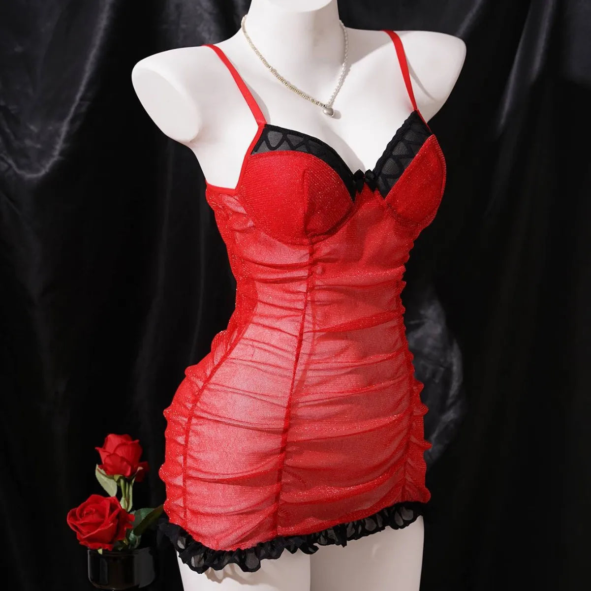 nightgown Ruched Pleated Lace Sling Camisole Strappy Mesh Underwear Nightdress Nightgown Lingerie Dress