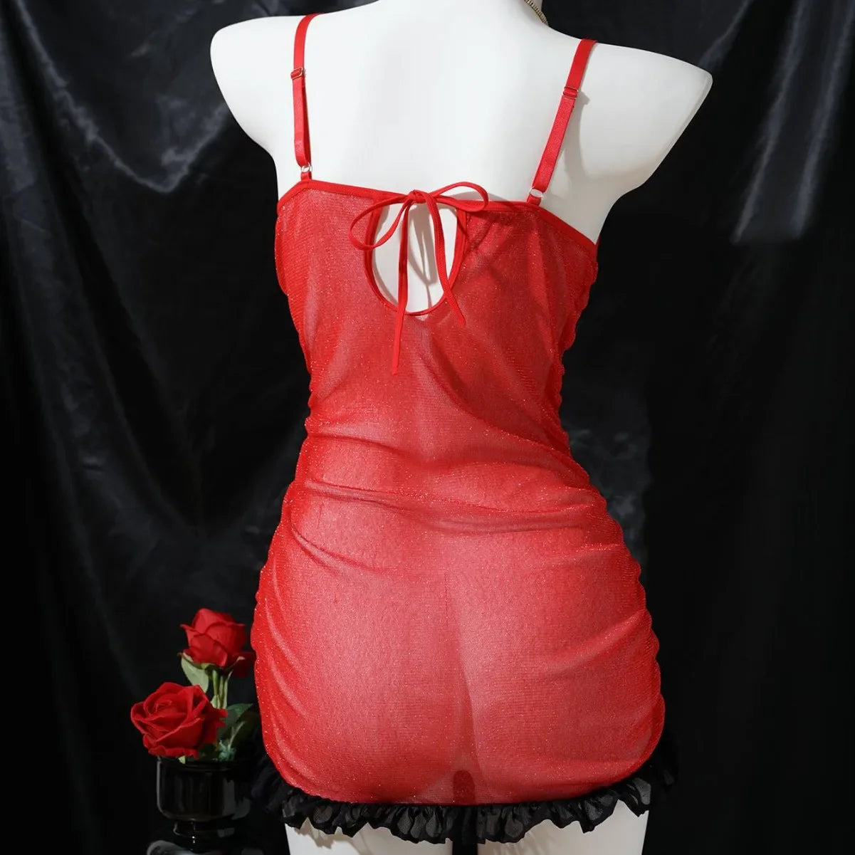 nightgown Ruched Pleated Lace Sling Camisole Strappy Mesh Underwear Nightdress Nightgown Lingerie Dress