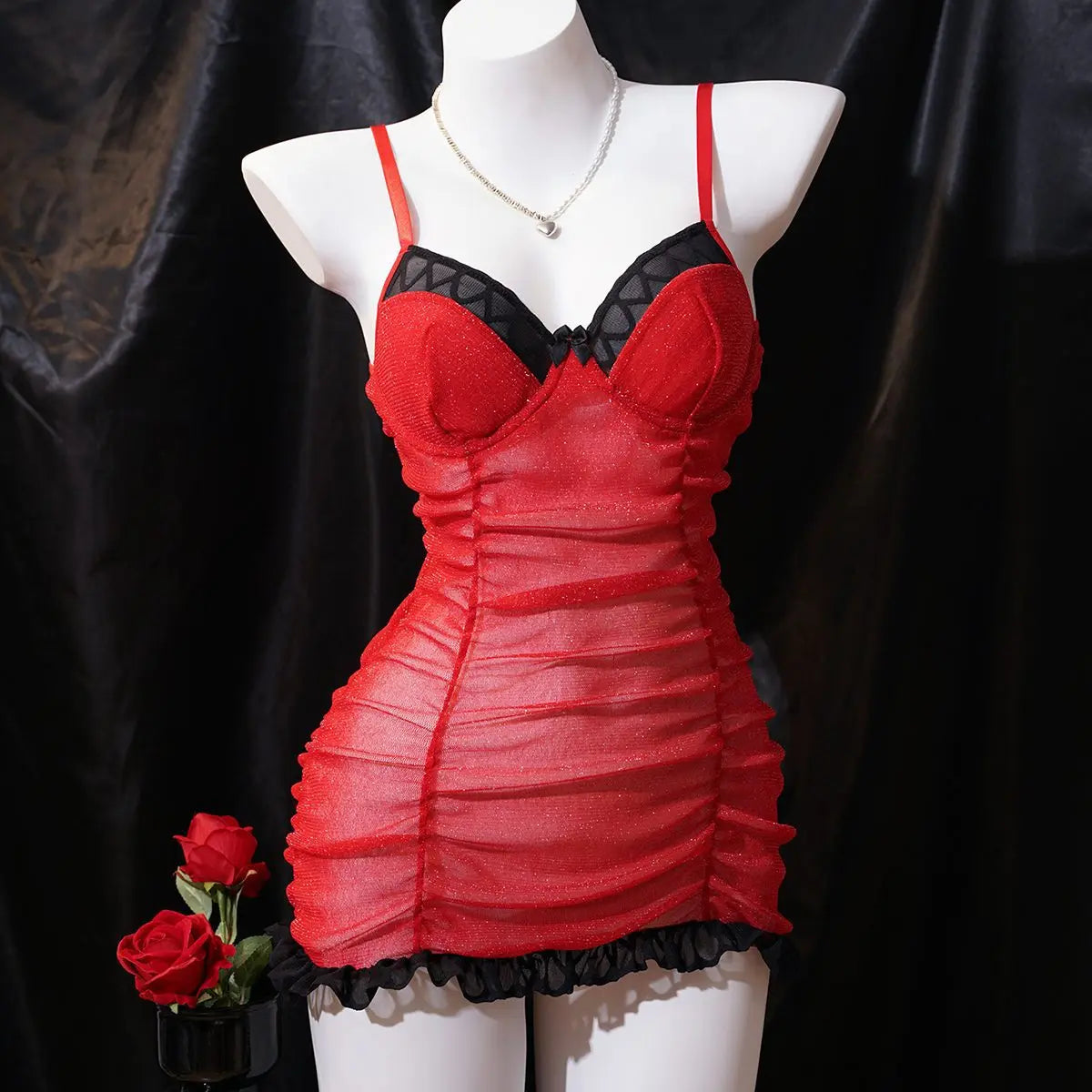 nightgown Ruched Pleated Lace Sling Camisole Strappy Mesh Underwear Nightdress Nightgown Lingerie Dress