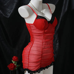 nightgown Ruched Pleated Lace Sling Camisole Strappy Mesh Underwear Nightdress Nightgown Lingerie Dress