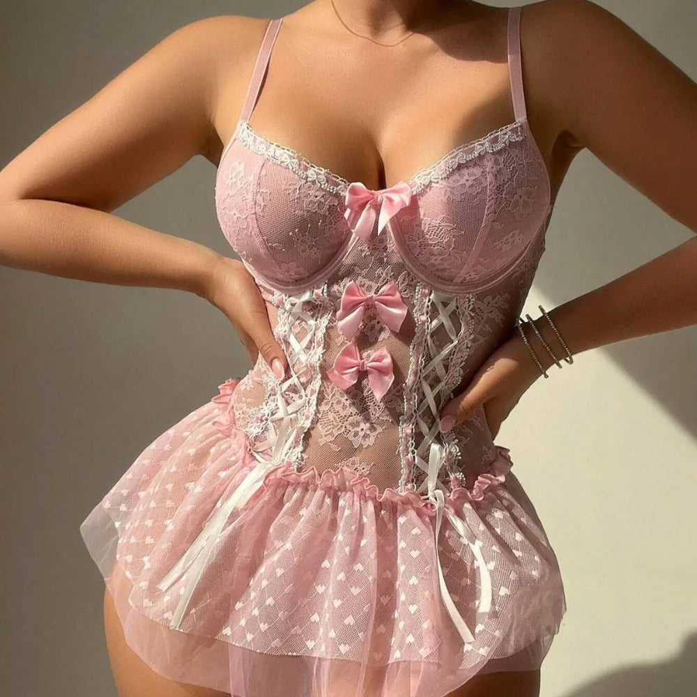 suit Westerns Underwire Push Up Sheer Mesh See Through Bowknot Bow Underwear One Piece Teddy Lingerie Sets