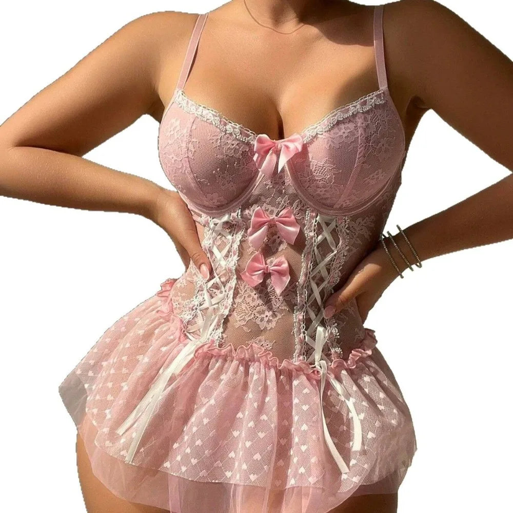 suit Westerns Underwire Push Up Sheer Mesh See Through Bowknot Bow Underwear One Piece Teddy Lingerie Sets