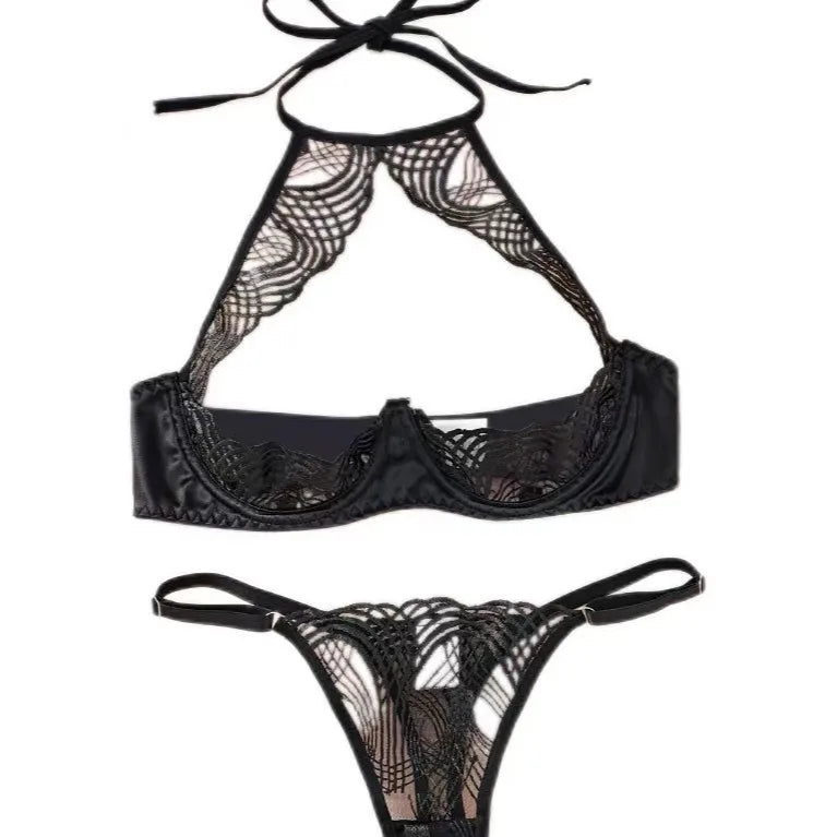 suit Alluring Embroidery Hollow Out Halter Neck Erotic Lingerie Set Stylish Exotic Erotic Bra Set