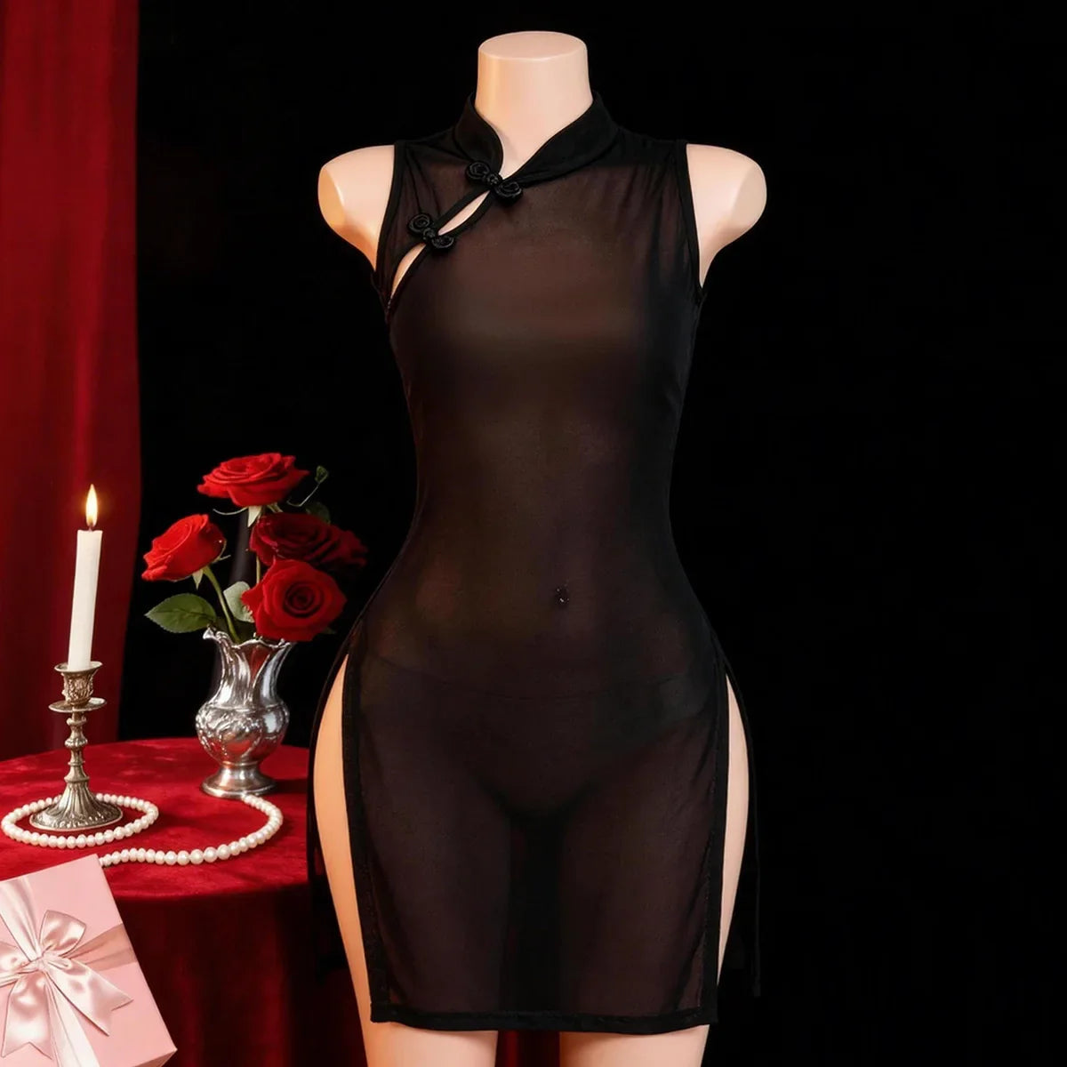 Sexys Mesh See Through High Slit Cheongsam Qipao Uniform