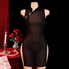 Sexys Mesh See Through High Slit Cheongsam Qipao Uniform
