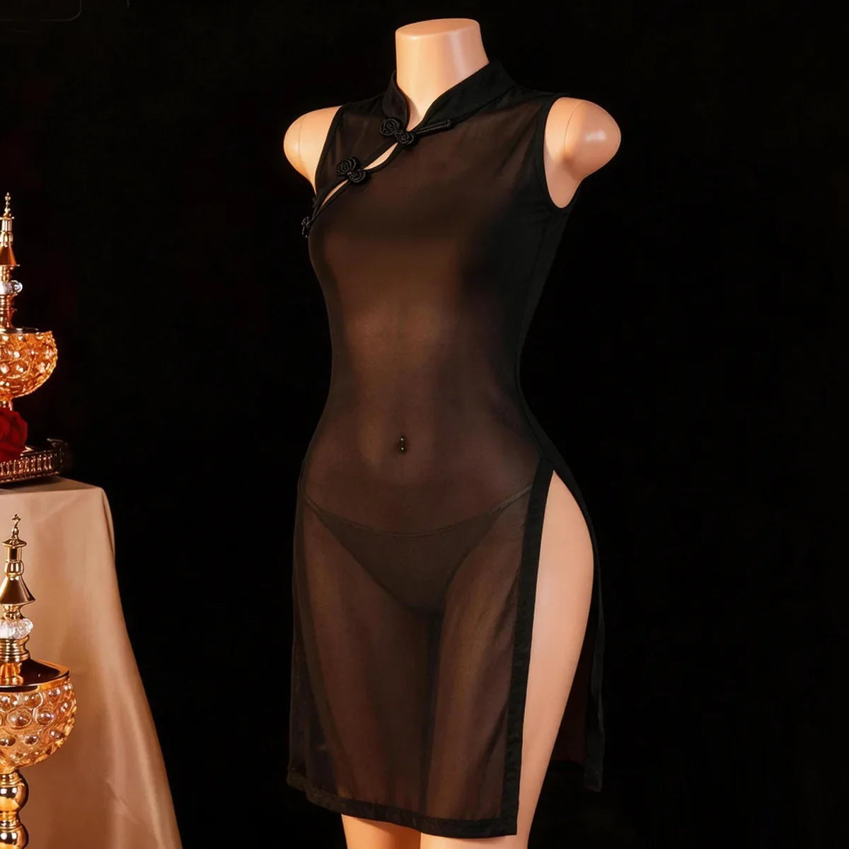 Sexys Mesh See Through High Slit Cheongsam Qipao Uniform