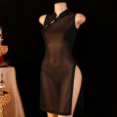 Sexys Mesh See Through High Slit Cheongsam Qipao Uniform