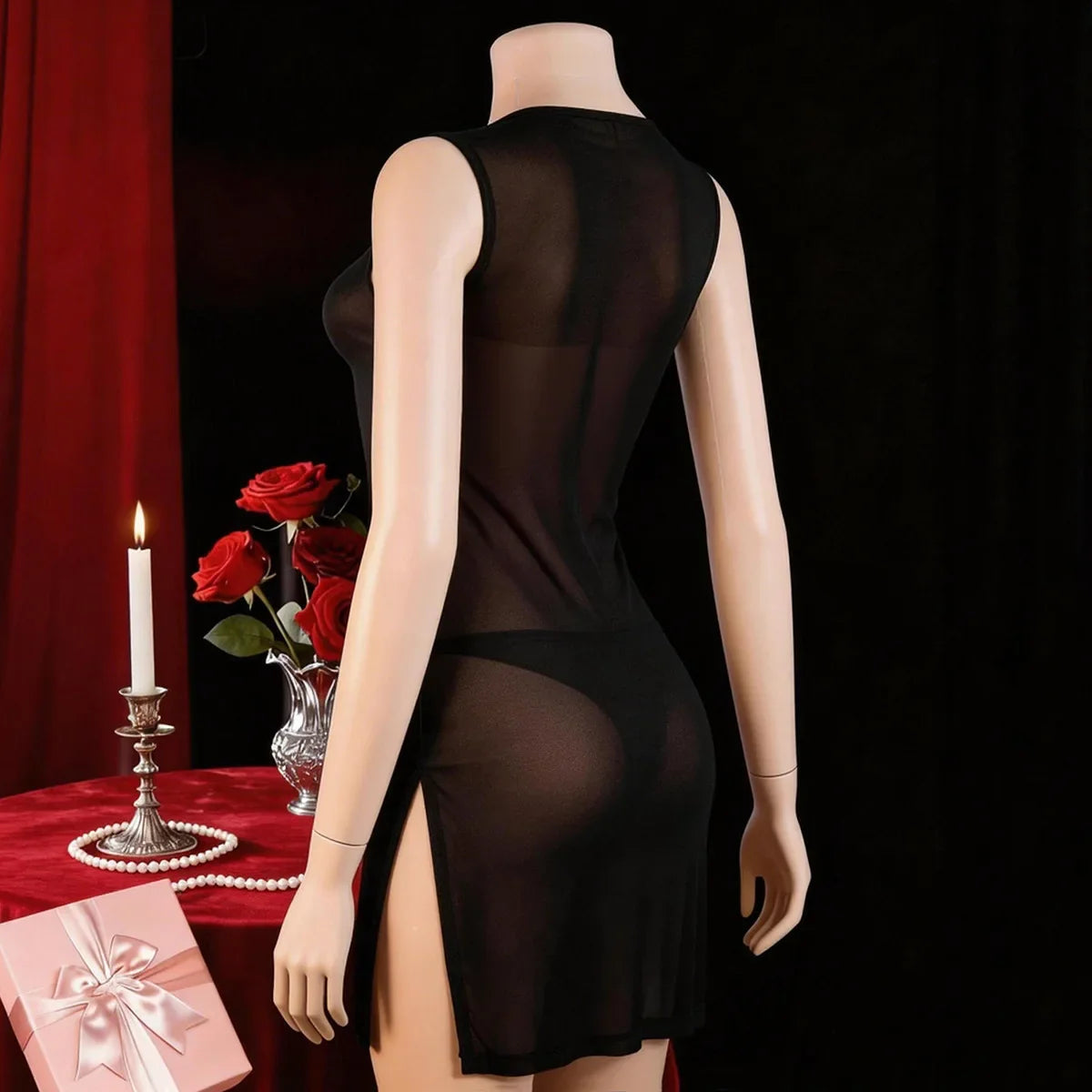 Sexys Mesh See Through High Slit Cheongsam Qipao Uniform