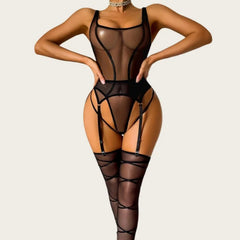 Sheer Mesh Seductive Lingerie Sets with Stocking Transparent Corset Romantic Underwear