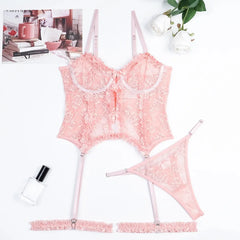 Sheer Pink Lingerie Set Frilled Lace Bralette Transparent High Waist Panty Belt Bridal Romantic Seductive Underwear