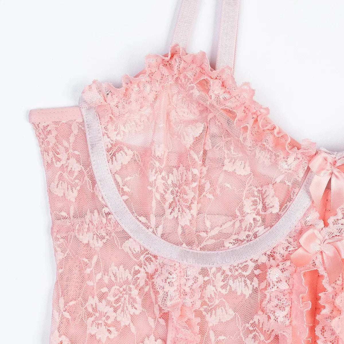 Sheer Pink Lingerie Set Frilled Lace Bralette Transparent High Waist Panty Belt Bridal Romantic Seductive Underwear