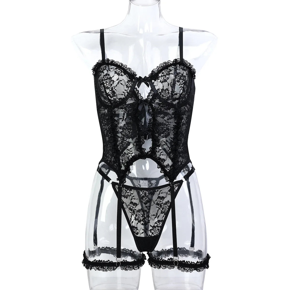 Sheer Pink Lingerie Set Frilled Lace Bralette Transparent High Waist Panty Belt Bridal Romantic Seductive Underwear