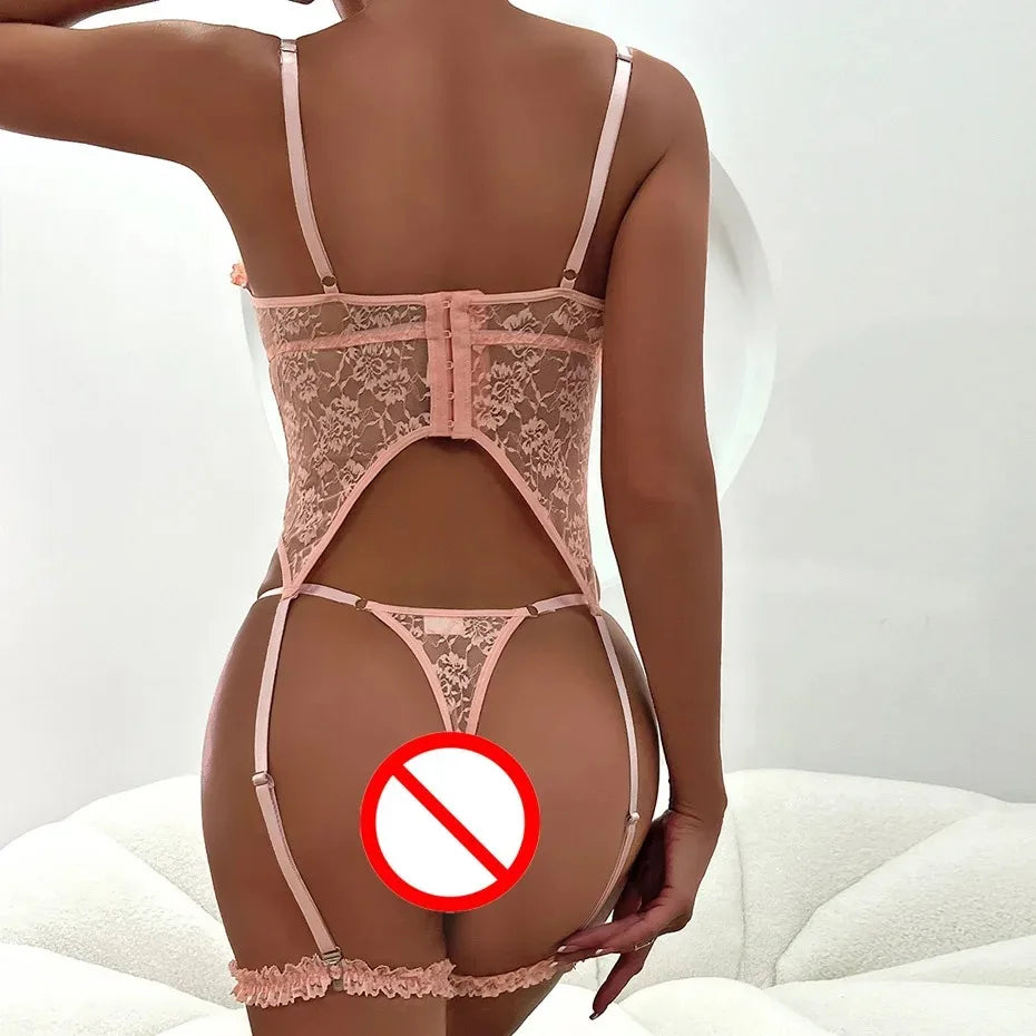 Sheer Pink Lingerie Set Frilled Lace Bralette Transparent High Waist Panty Belt Bridal Romantic Seductive Underwear
