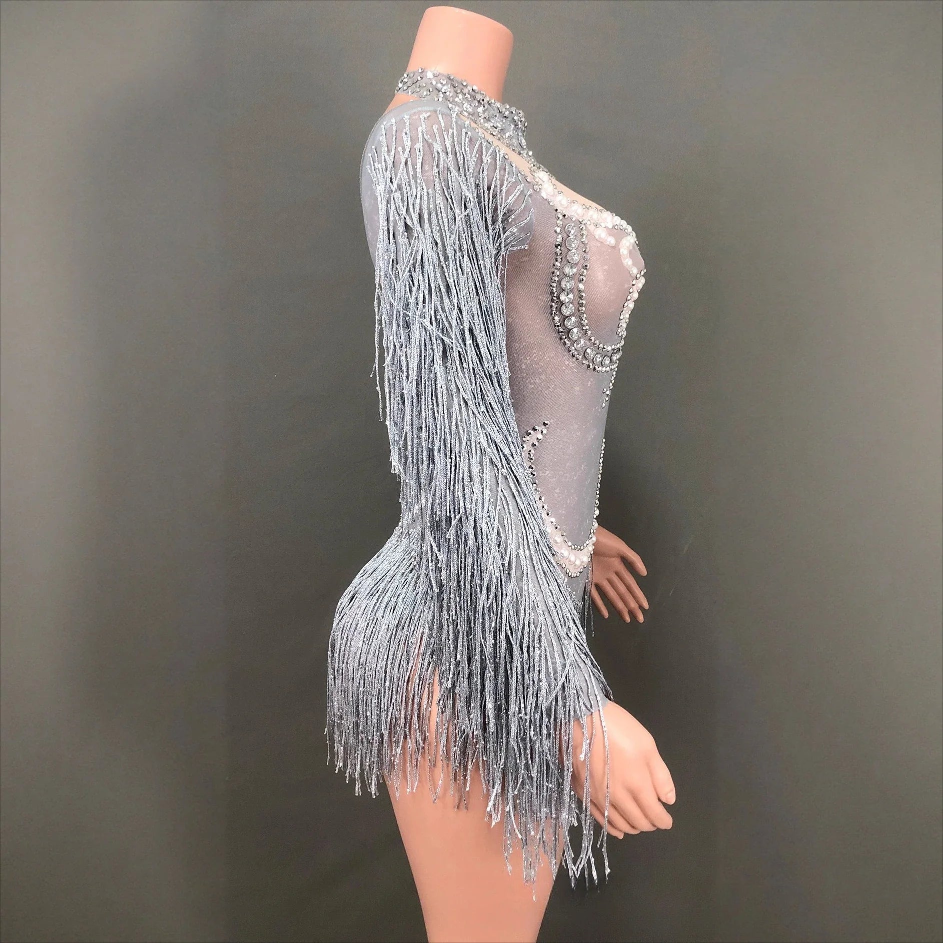 Shiny European American Mesh Dance Dress Long Sleeve Pearl Rhinestone Tassel Elegant Stage Performance Wear