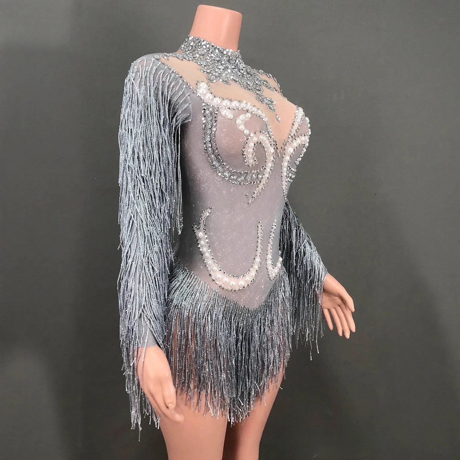 Shiny European American Mesh Dance Dress Long Sleeve Pearl Rhinestone Tassel Elegant Stage Performance Wear