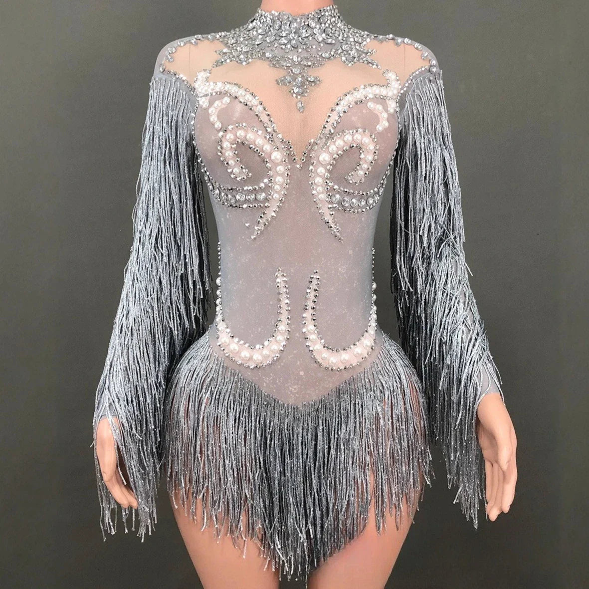 Shiny European American Mesh Dance Dress Long Sleeve Pearl Rhinestone Tassel Elegant Stage Performance Wear