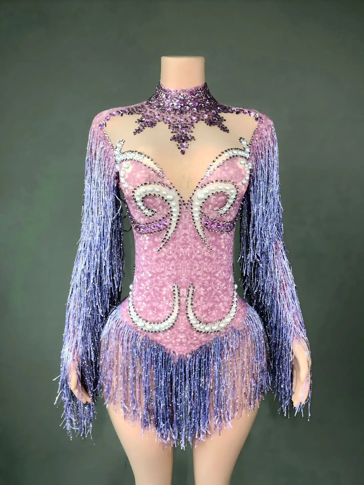Shiny European American Mesh Dance Dress Long Sleeve Pearl Rhinestone Tassel Elegant Stage Performance Wear