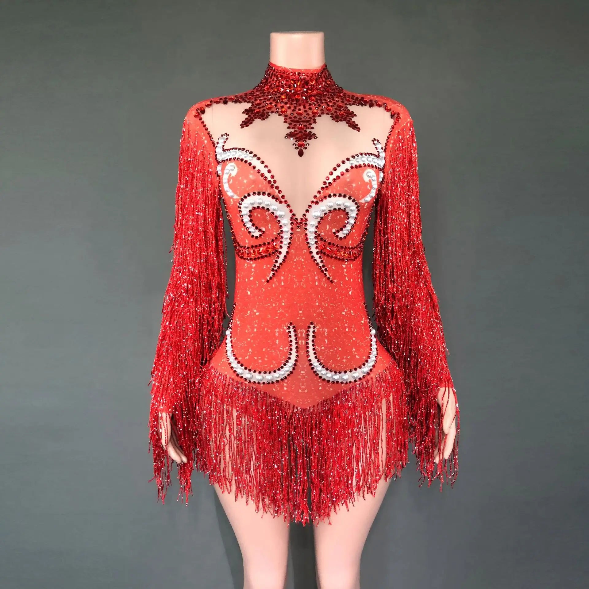 Shiny European American Mesh Dance Dress Long Sleeve Pearl Rhinestone Tassel Elegant Stage Performance Wear