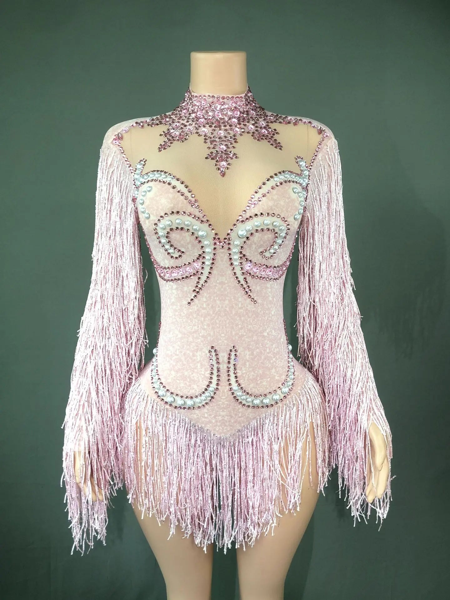 Shiny European American Mesh Dance Dress Long Sleeve Pearl Rhinestone Tassel Elegant Stage Performance Wear