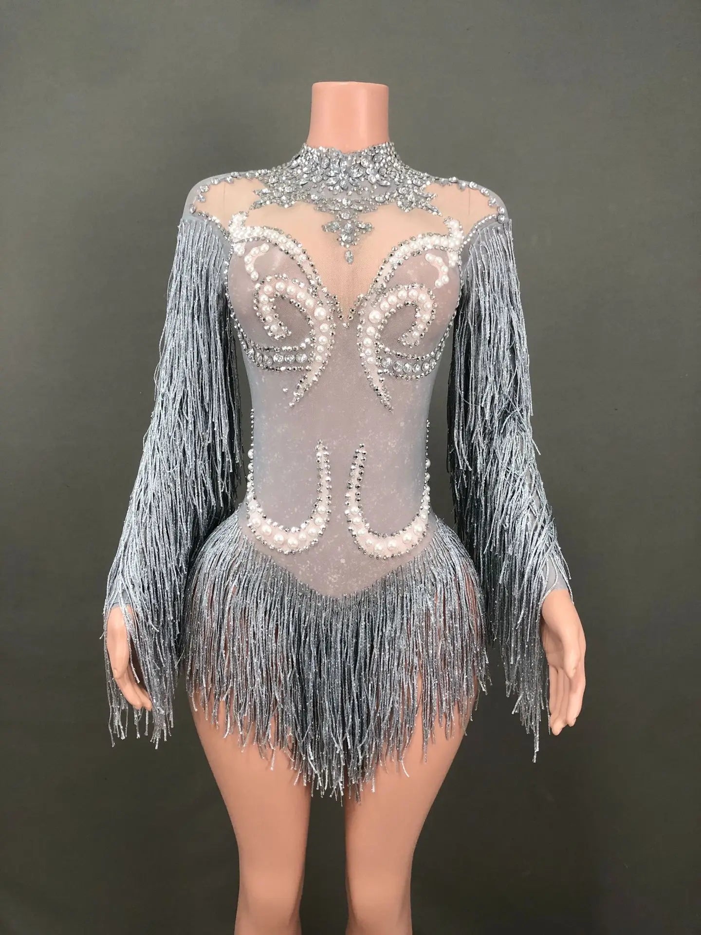 Shiny European American Mesh Dance Dress Long Sleeve Pearl Rhinestone Tassel Elegant Stage Performance Wear