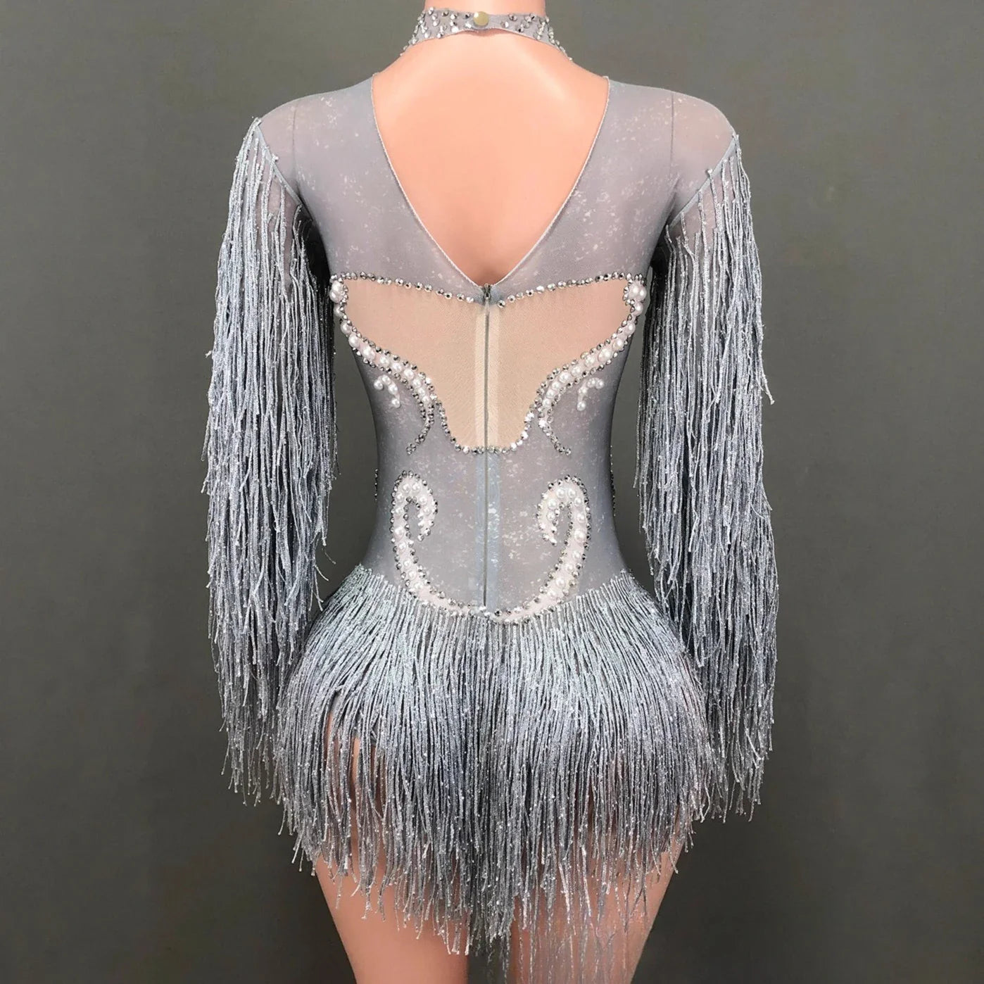 Shiny European American Mesh Dance Dress Long Sleeve Pearl Rhinestone Tassel Elegant Stage Performance Wear