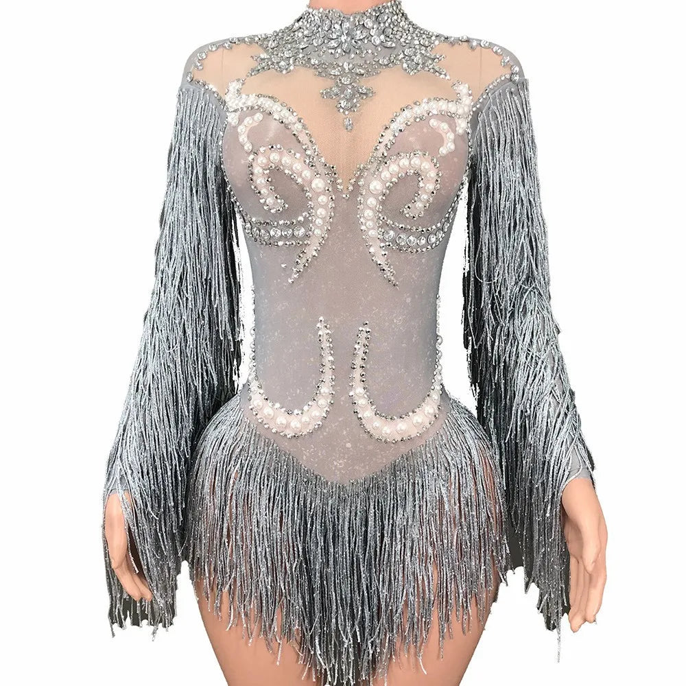 Shiny European American Mesh Dance Dress Long Sleeve Pearl Rhinestone Tassel Elegant Stage Performance Wear