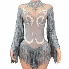 Shiny European American Mesh Dance Dress Long Sleeve Pearl Rhinestone Tassel Elegant Stage Performance Wear