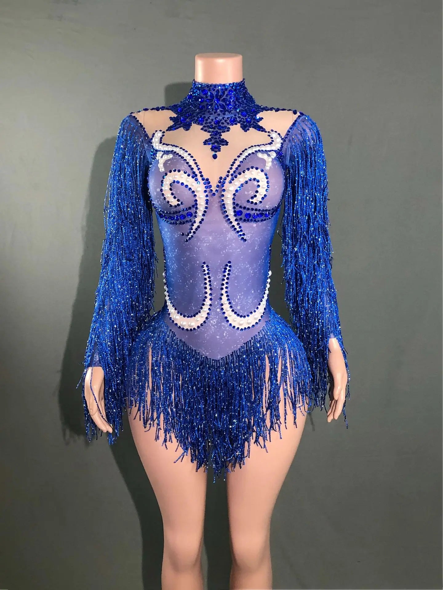 Shiny European American Mesh Dance Dress Long Sleeve Pearl Rhinestone Tassel Elegant Stage Performance Wear