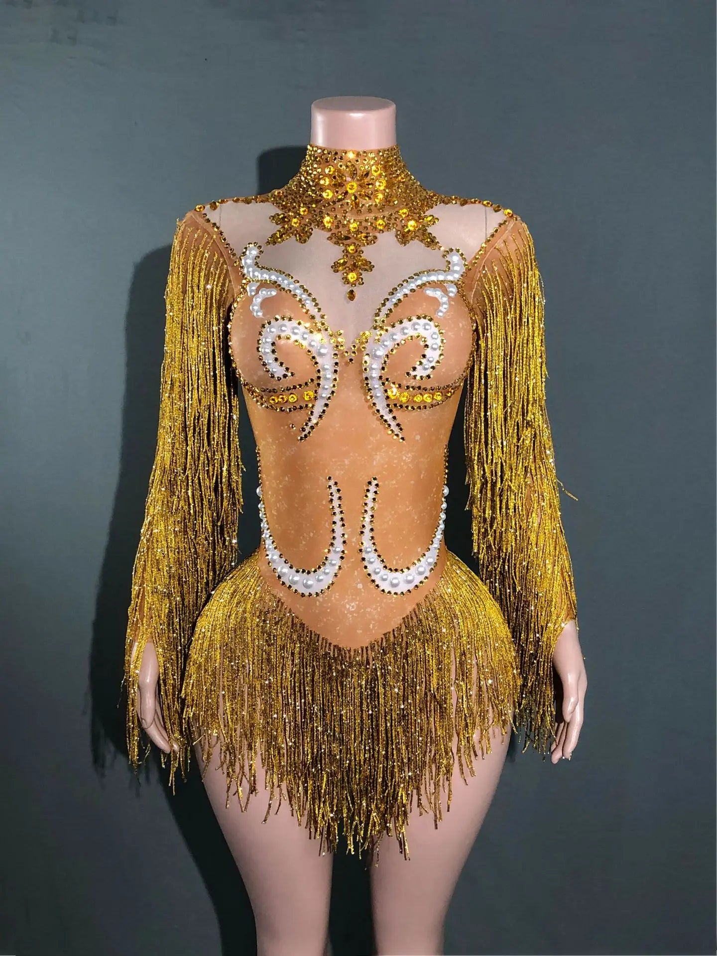 Shiny European American Mesh Dance Dress Long Sleeve Pearl Rhinestone Tassel Elegant Stage Performance Wear