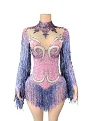 Shiny European American Mesh Dance Dress Long Sleeve Pearl Rhinestone Tassel Elegant Stage Performance Wear