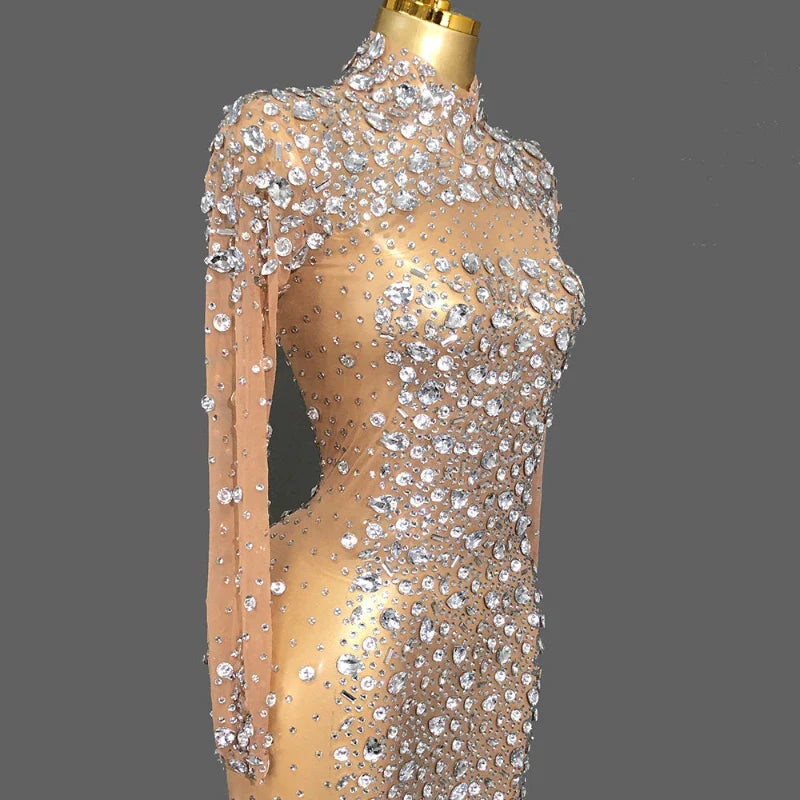 Shiny Rhinestone Short Stage Dress European American Style Performance Outfit Elegant