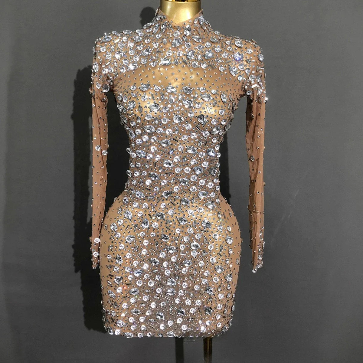 Shiny Rhinestone Short Stage Dress European American Style Performance Outfit Elegant