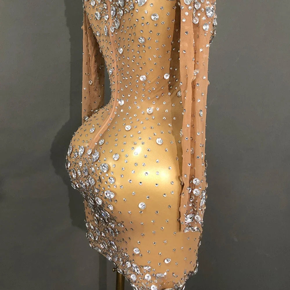 Shiny Rhinestone Short Stage Dress European American Style Performance Outfit Elegant