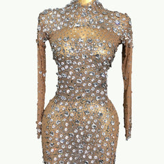 Shiny Rhinestone Short Stage Dress European American Style Performance Outfit Elegant