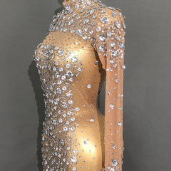 Shiny Rhinestone Short Stage Dress European American Style Performance Outfit Elegant