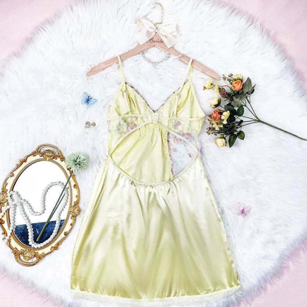 Thin Lace Bow Pajama Dress Embroidered Mesh Transparent Ice Silk Suspender Nightdress Split Sleepwear