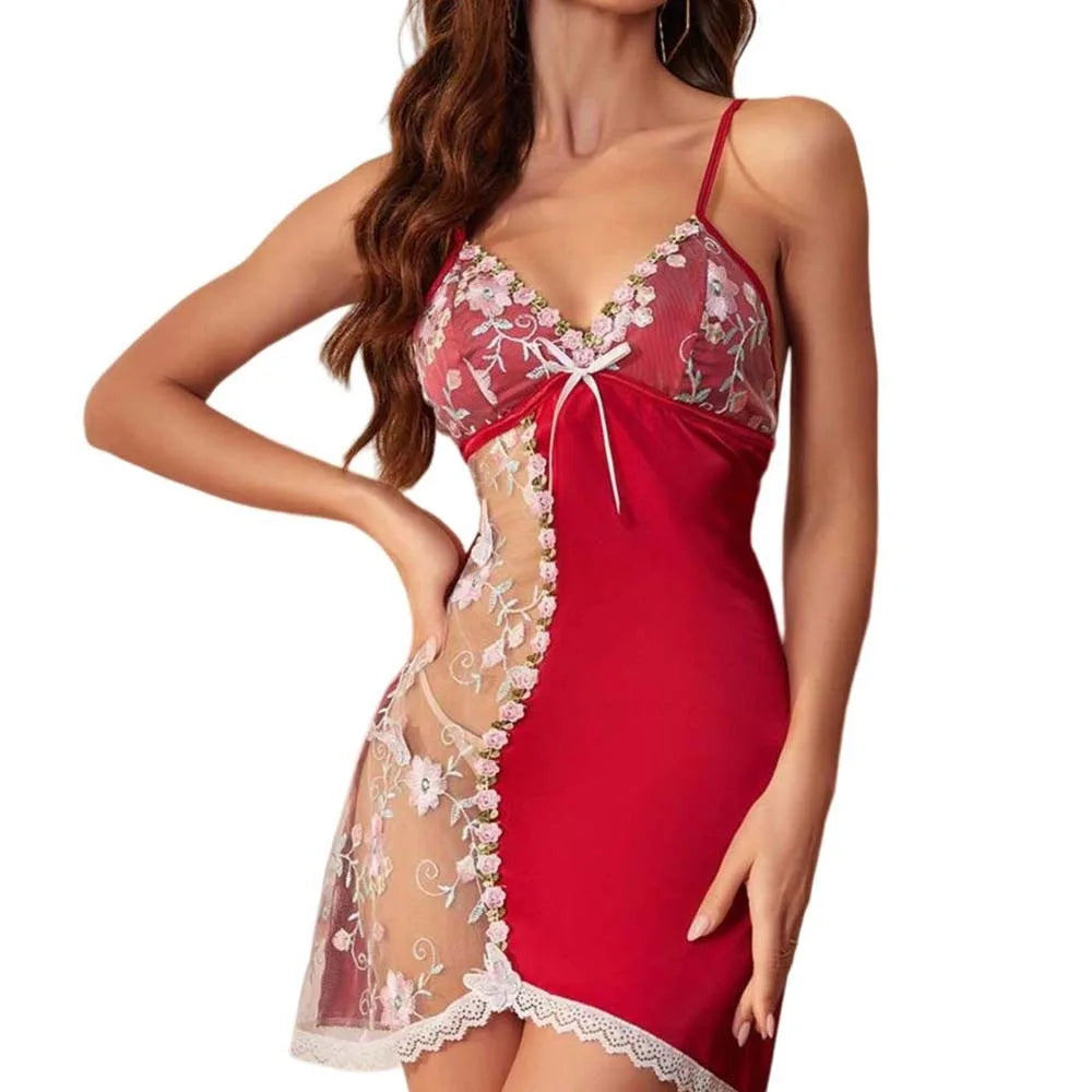 Thin Lace Bow Pajama Dress Embroidered Mesh Transparent Ice Silk Suspender Nightdress Split Sleepwear
