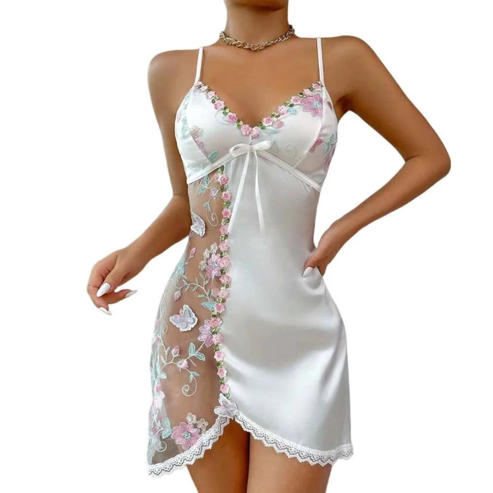Thin Lace Bow Pajama Dress Embroidered Mesh Transparent Ice Silk Suspender Nightdress Split Sleepwear