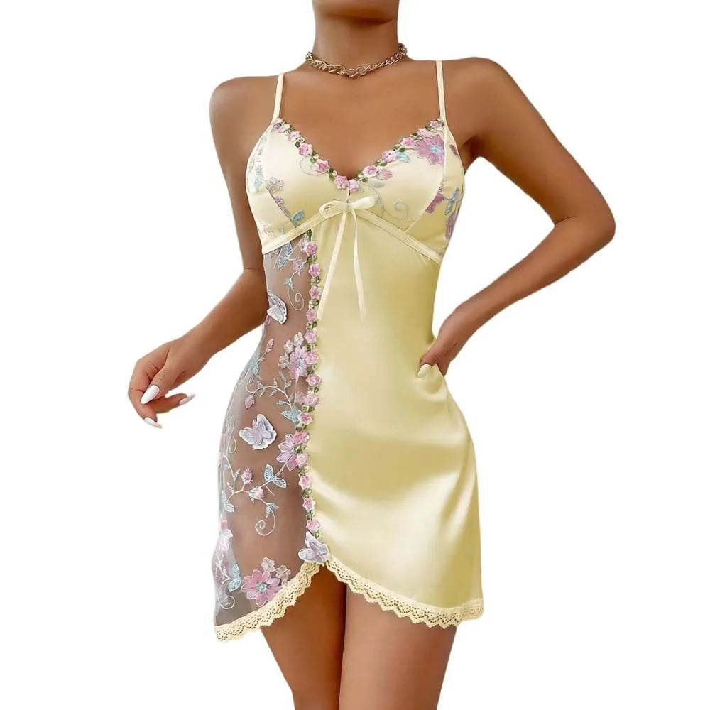Thin Lace Bow Pajama Dress Embroidered Mesh Transparent Ice Silk Suspender Nightdress Split Sleepwear