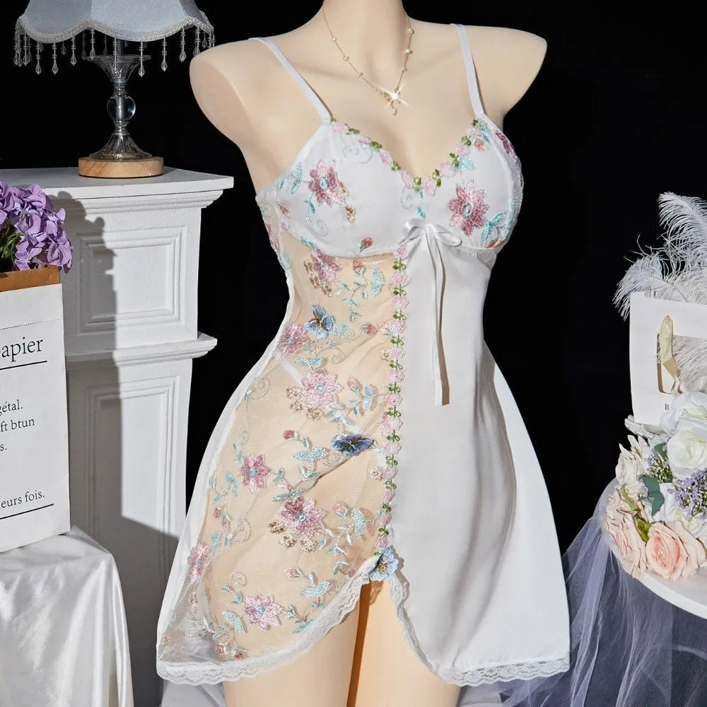 Thin Lace Bow Pajama Dress Embroidered Mesh Transparent Ice Silk Suspender Nightdress Split Sleepwear