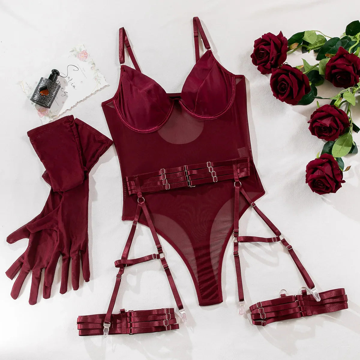 Tight Fitting Lace See Through Erotic Lingerie with Gloves Night Club Outfit Sissy Mesh Underwear