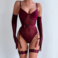 Tight Fitting Lace See Through Erotic Lingerie with Gloves Night Club Outfit Sissy Mesh Underwear