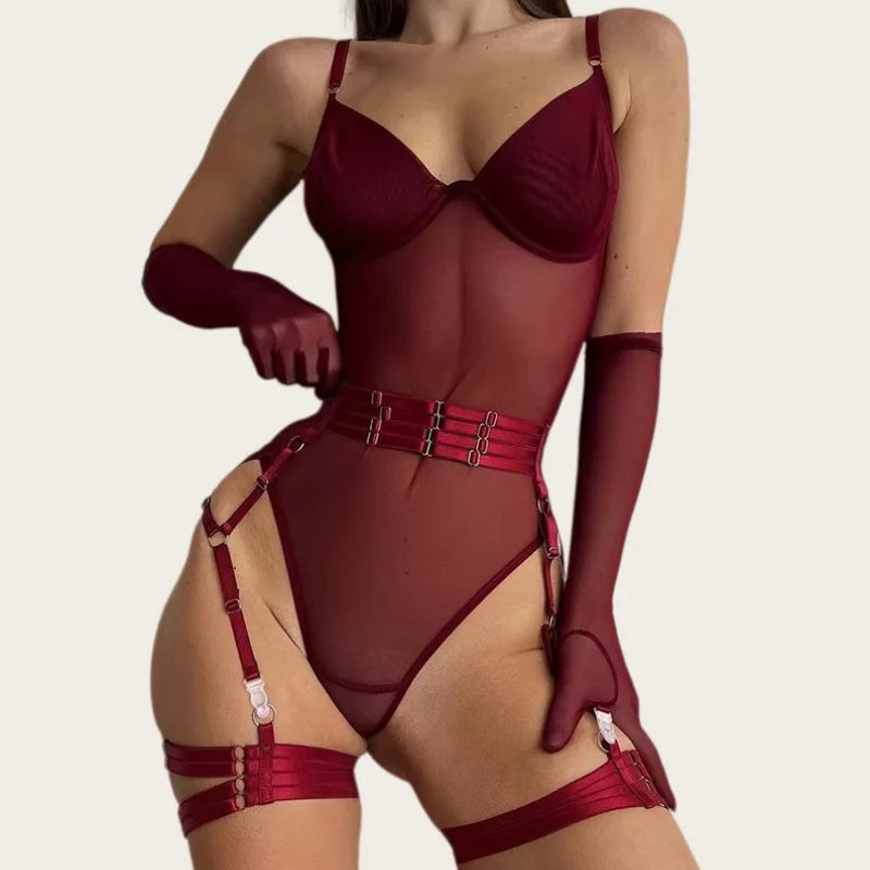 Tight Fitting Lace See Through Erotic Lingerie with Gloves Night Club Outfit Sissy Mesh Underwear