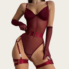 Tight Fitting Lace See Through Erotic Lingerie with Gloves Night Club Outfit Sissy Mesh Underwear