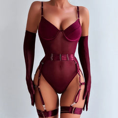 Tight Lingerie Lace See Through Erotic with Gloves Night Clubwear Outfit Sissy Crotchless Mesh