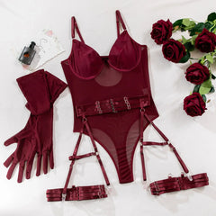 Tight Lingerie Lace See Through Erotic with Gloves Night Clubwear Outfit Sissy Crotchless Mesh