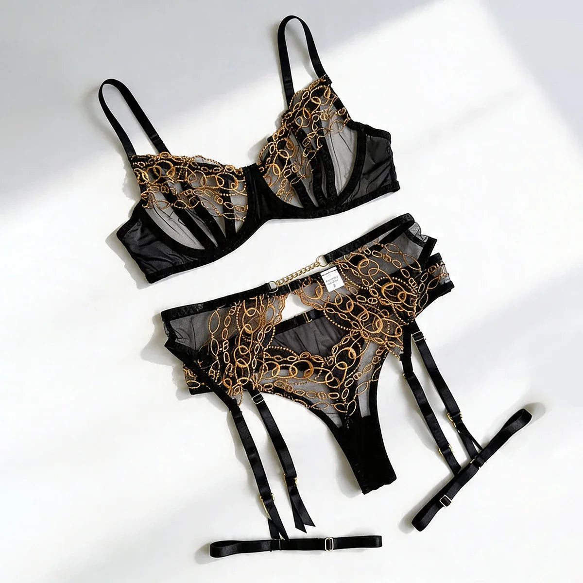 Transparent Lace Golden Embroidery Slim Exposed Navel See-through Hollow Out Interesting Bralette Thong Sets