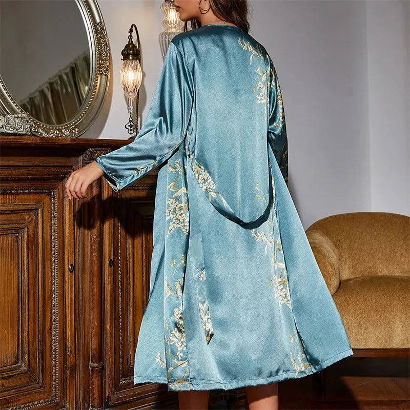 Two-piece Tie Nightgown Set Printed Satin Nightgown Suspender Dress Summer Home Clothes