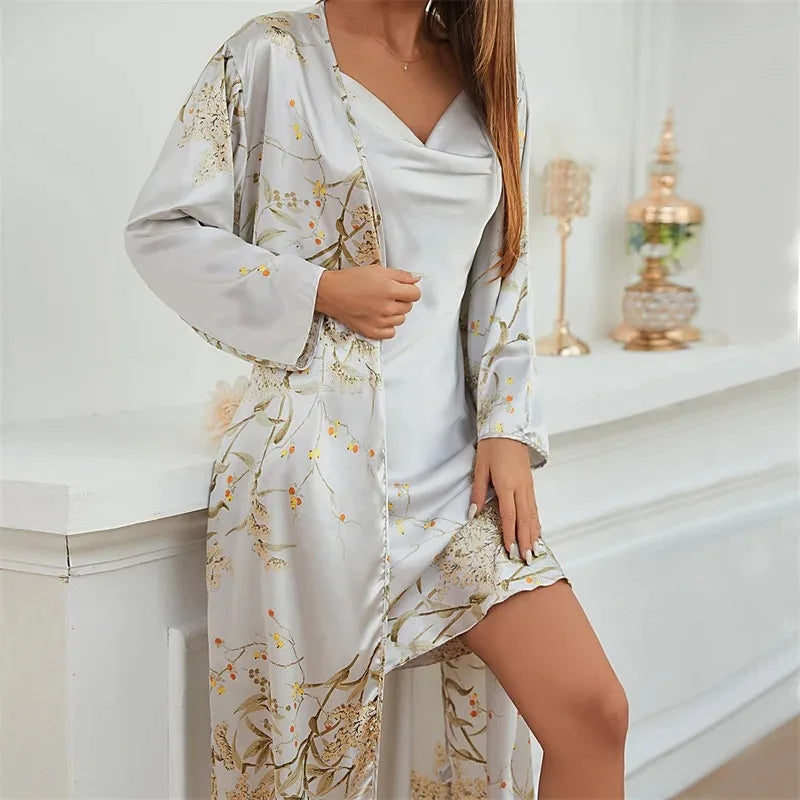 Two-piece Tie Nightgown Set Printed Satin Nightgown Suspender Dress Summer Home Clothes