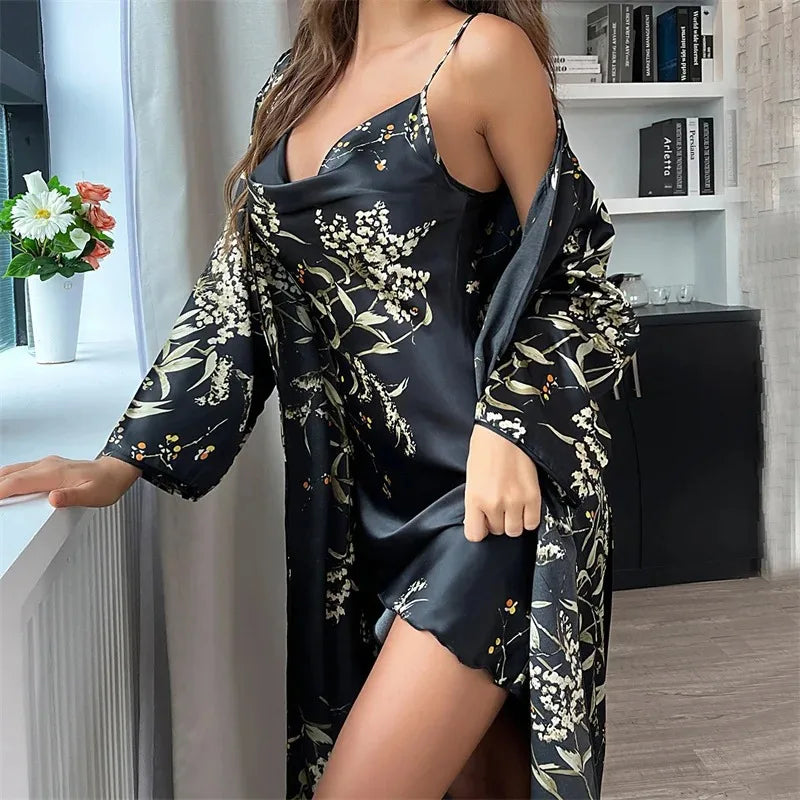 Two-piece Tie Nightgown Set Printed Satin Nightgown Suspender Dress Summer Home Clothes